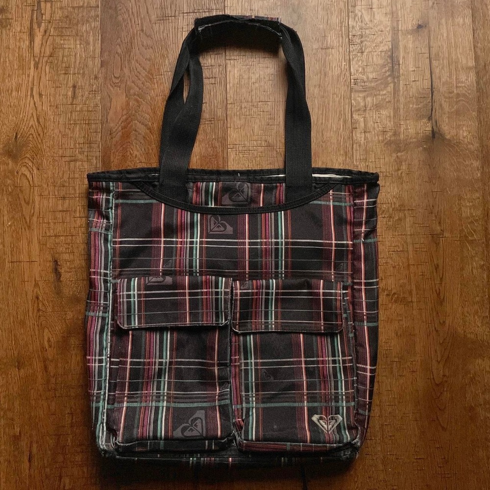 Roxy Tote Bag Womens OS Black Plaid Beachy Surf Canvas Cargo Pockets